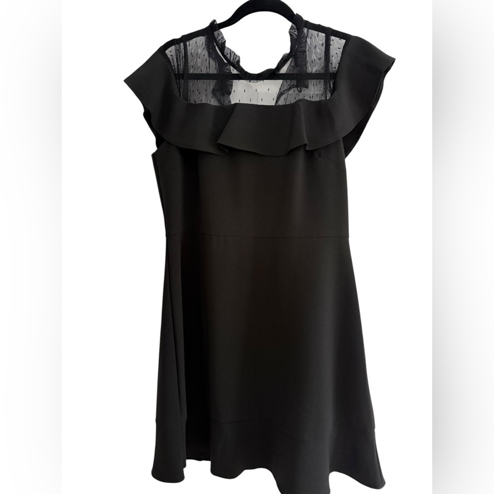 Nanette Lepore Black Dress with Sheer Polka Dot top and ruffles on top & hem 12